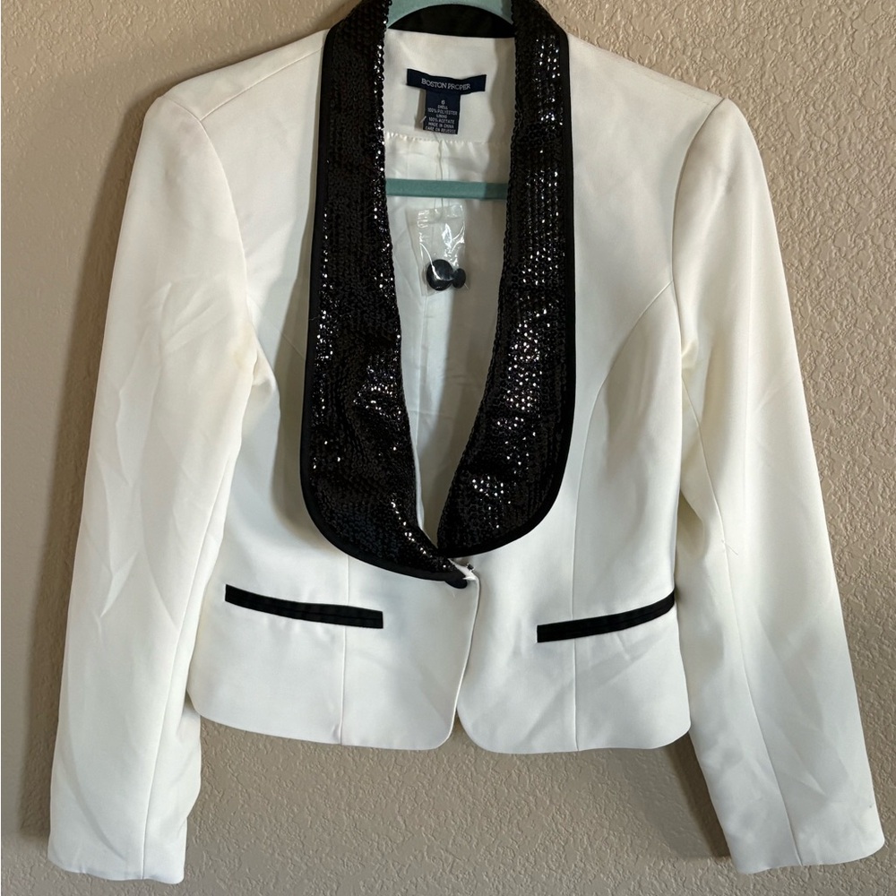 Boston Proper White Blazer with Black Sequin Lapel